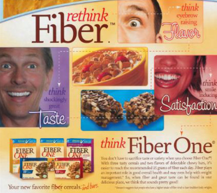 A dynamic magazine advertisement with the headline 'rethink Fiber.' The ad features a collage of smiling faces, a bowl of Fiber One cereal, and Fiber One chewy bars, promoting the 'eyebrow-raising Flavor' and 'shockingly great Taste' of the products. A variety of Fiber One cereal and bar boxes are shown at the bottom.